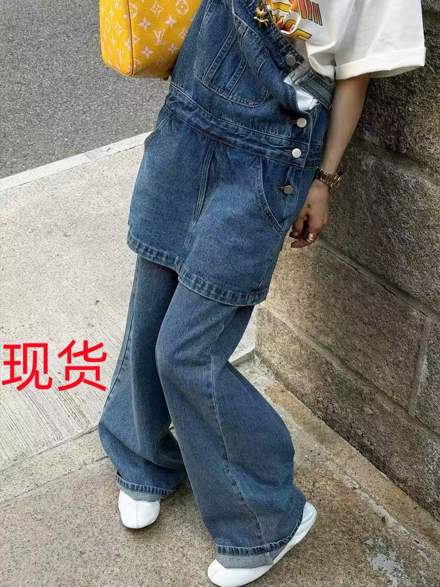 치우 조금 리 그래. 이른 봄 루즈핏 슬림해 보이는 캐주얼 스트레이트 데님 슬립 넓은 다리 올인원 긴 바지 멜빵 바지 여성