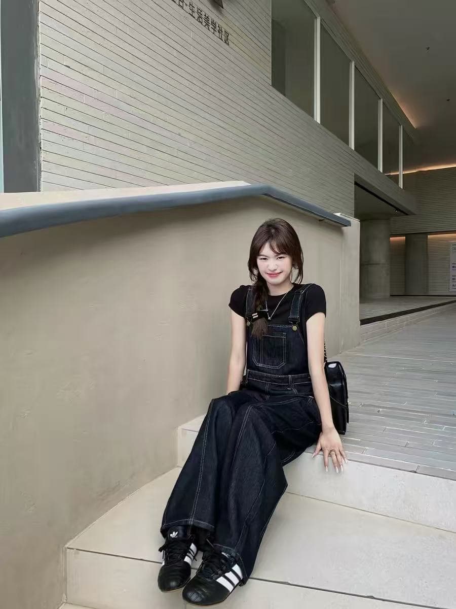 친구 세련된 자유로움 자동차 명시적 스티치 원본 데님 워크웨어 멜빵 바지 루즈핏 와이드 레그 팬츠 이미지 2
