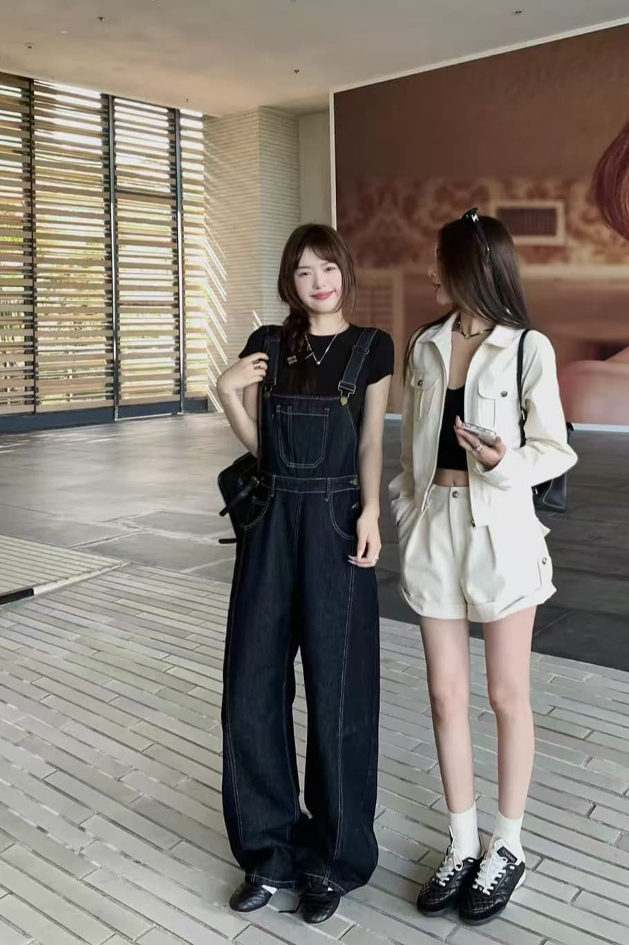 친구 세련된 자유로움 자동차 명시적 스티치 원본 데님 워크웨어 멜빵 바지 루즈핏 와이드 레그 팬츠 이미지 6