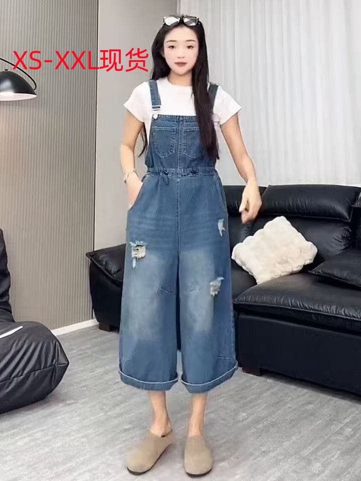 외국 가스 찢어진 부분 새로운 패션 빅 사이즈 데님 멜빵 바지 여성 배 모양 몸 루즈핏 표지 고기 슬림해 보이는 올인원 바지