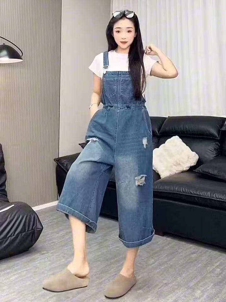 외국 가스 찢어진 부분 새로운 패션 빅 사이즈 데님 멜빵 바지 여성 배 모양 몸 루즈핏 표지 고기 슬림해 보이는 올인원 바지 상세 이미지 5