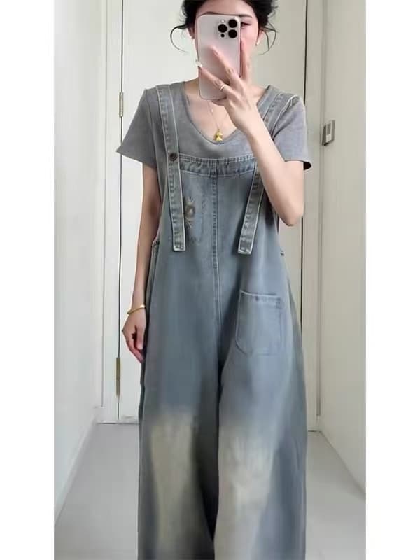 2026 여름 새로운 홍콩 느낌 디스플레이 품격 루즈핏 레트로 블루 멜빵 바지 여성 패션 슬림해 보이는 올인원 바지 이미지 3
