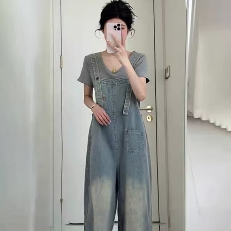 2026 여름 새로운 홍콩 느낌 디스플레이 품격 루즈핏 레트로 블루 멜빵 바지 여성 패션 슬림해 보이는 올인원 바지 이미지 5
