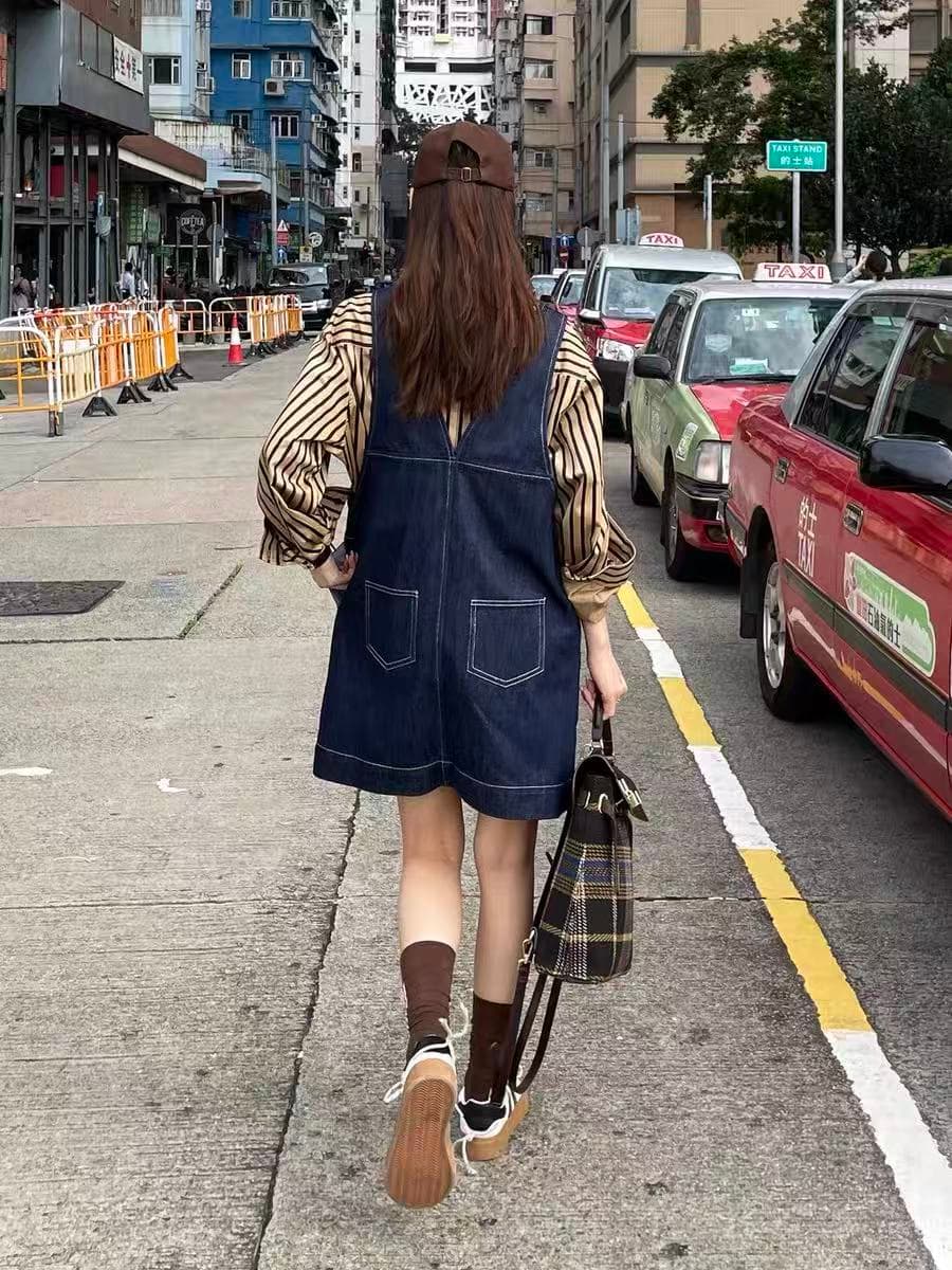 레트로 데님 멜빵 스커트 여성 한 마디 슬림해 보이는 2026 새로운 워크웨어 치마 작은 대중 미니 스커트 드레스 이미지 4