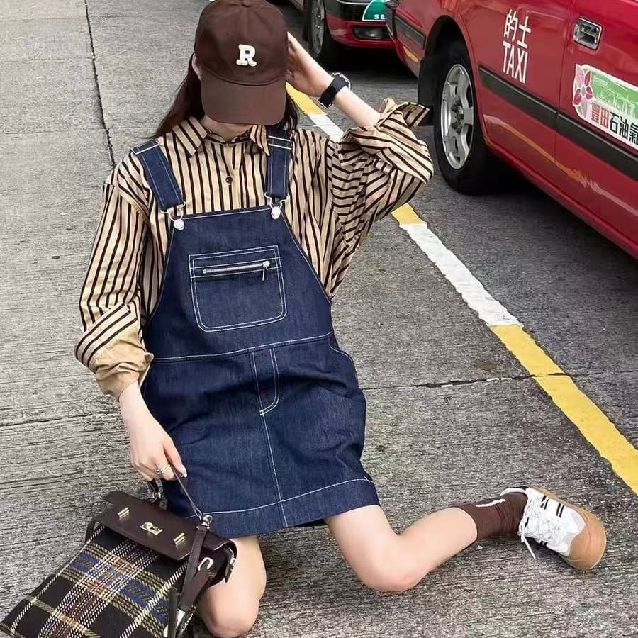레트로 데님 멜빵 스커트 여성 한 마디 슬림해 보이는 2026 새로운 워크웨어 치마 작은 대중 미니 스커트 드레스 이미지 5