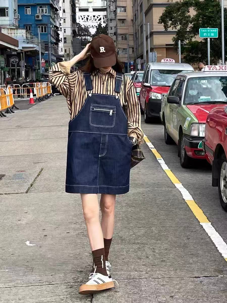레트로 데님 멜빵 스커트 여성 한 마디 슬림해 보이는 2026 새로운 워크웨어 치마 작은 대중 미니 스커트 드레스 상세 이미지 1