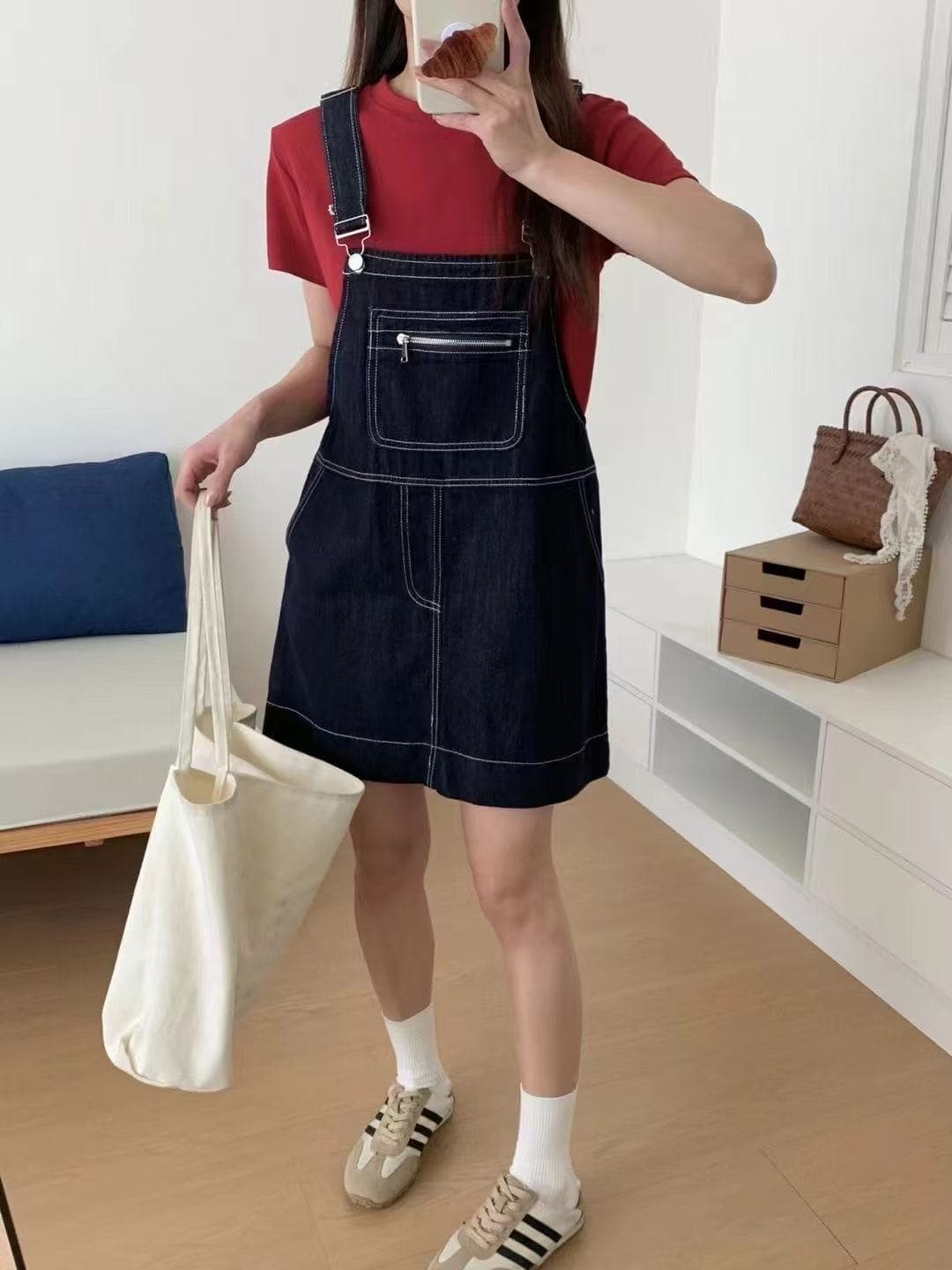 한 부서 작은 키 레트로 데님 멜빵 스커트 연령 감소 세련된 품격 디자인 센스 루즈핏 원피스 스커트 여성 이미지 3