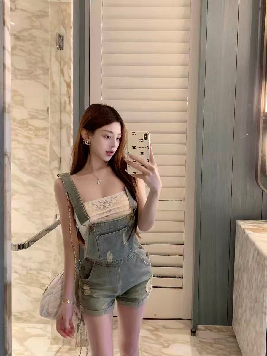 luna 루 Na 525 신제품 순수한 욕망 바람 멜빵 바지 다용도 연령 감소 찢어진 몸매 가꾸기 데님 반바지 상세 이미지 1