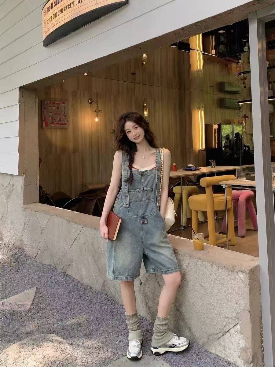 작은 키 여름 데님 멜빵 바지 반바지 여성 2026 캐주얼 연령 감소 자이언트 잘 생긴 루즈핏 스트레이트 팬츠 상세 이미지 3