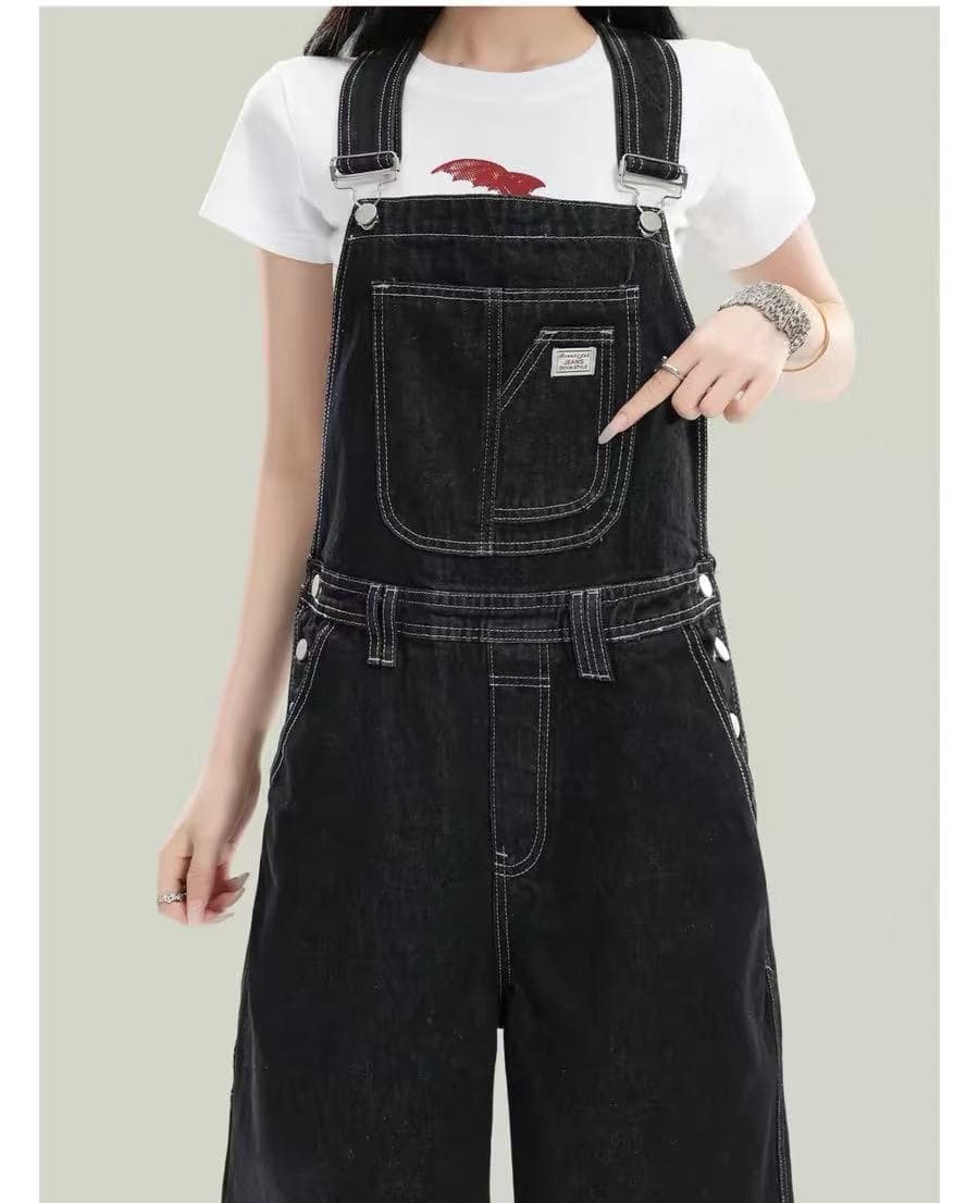 아메리칸 레트로 진한 파란색 스트레이트 데님 멜빵 바지 여성 연령 감소 하이웨이스트 루즈핏 넓은 다리 올인원 바지 상세 이미지 2