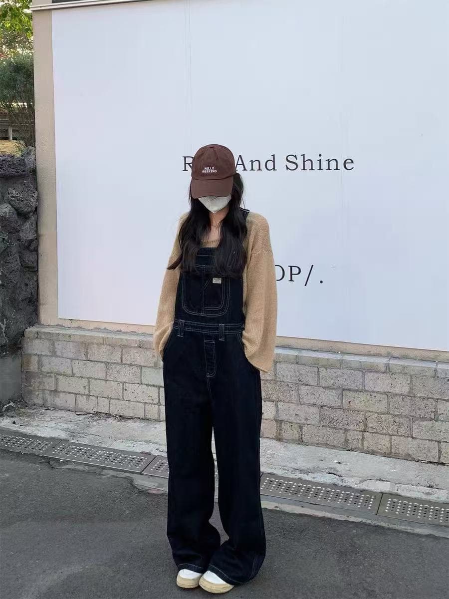 asmallshop 레트로 진한 파란색 멜빵 바지 청바지 여성 연령 감소 다용도 느긋한 바람 스트레이트 넓은 다리 길이 바지 이미지 3