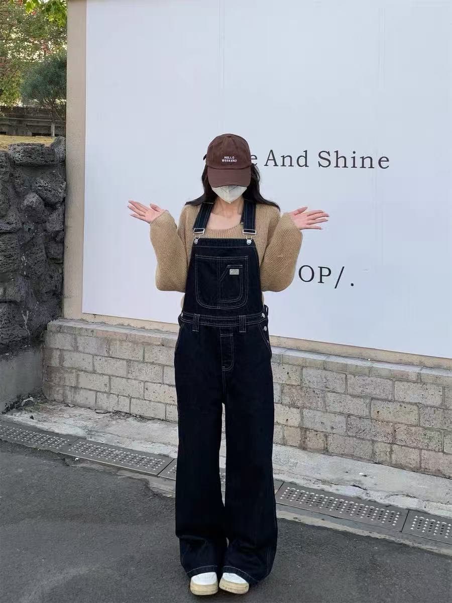 asmallshop 레트로 진한 파란색 멜빵 바지 청바지 여성 연령 감소 다용도 느긋한 바람 스트레이트 넓은 다리 길이 바지 이미지 5