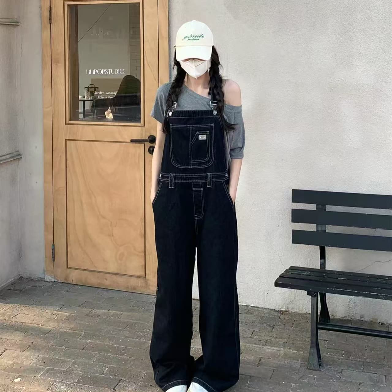 asmallshop 레트로 진한 파란색 멜빵 바지 청바지 여성 연령 감소 다용도 느긋한 바람 스트레이트 넓은 다리 길이 바지 이미지 6