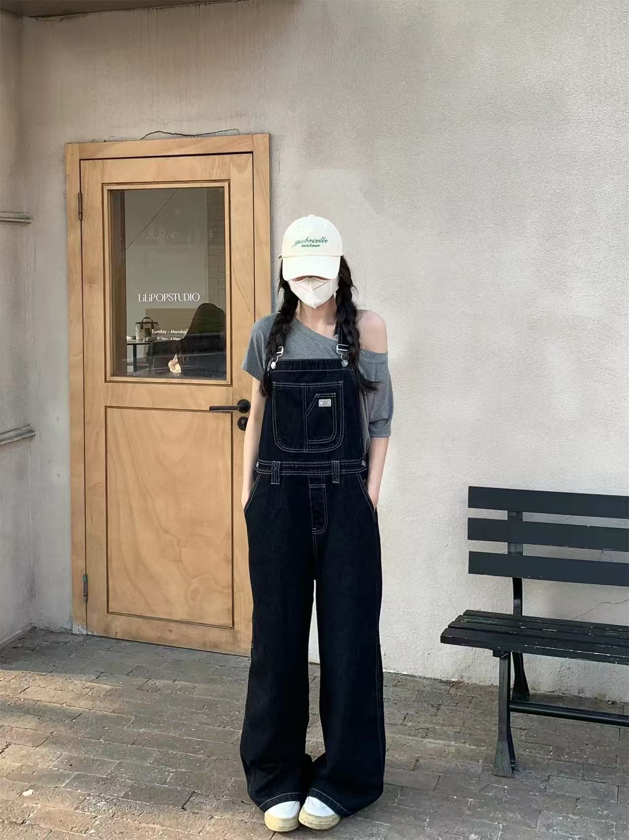 asmallshop 레트로 진한 파란색 멜빵 바지 청바지 여성 연령 감소 다용도 느긋한 바람 스트레이트 넓은 다리 길이 바지 상세 이미지 1