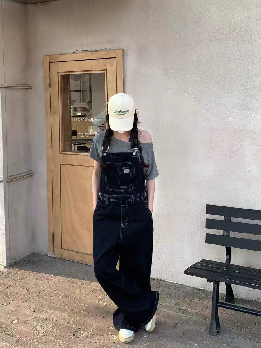 asmallshop 레트로 진한 파란색 멜빵 바지 청바지 여성 연령 감소 다용도 느긋한 바람 스트레이트 넓은 다리 길이 바지 상세 이미지 3