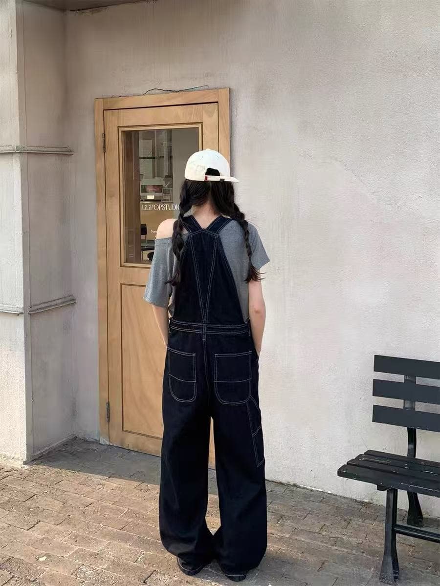 asmallshop 레트로 진한 파란색 멜빵 바지 청바지 여성 연령 감소 다용도 느긋한 바람 스트레이트 넓은 다리 길이 바지 상세 이미지 4