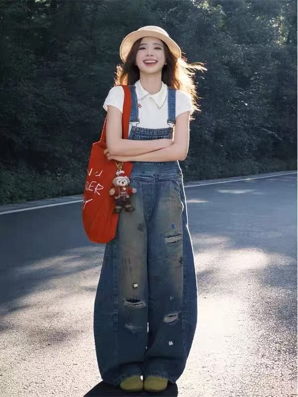 레트로 만화 자수 찢어진 워크웨어 데님 멜빵 바지 여성 봄 여름 작은 키 루즈핏 슬림해 보이는 넓은 다리 모통이 칼 바지 이미지 4