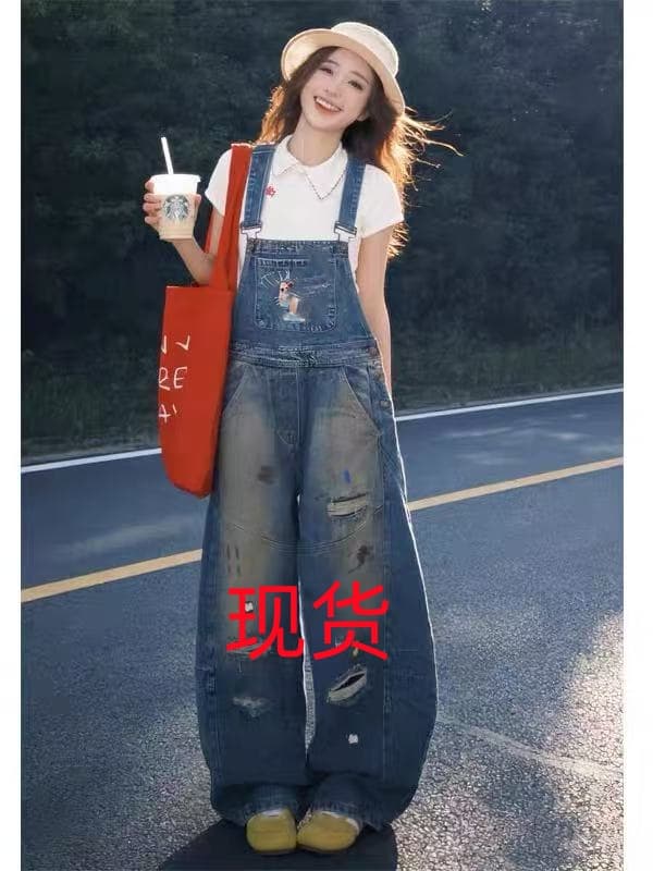 레트로 만화 자수 찢어진 워크웨어 데님 멜빵 바지 여성 봄 여름 작은 키 루즈핏 슬림해 보이는 넓은 다리 모통이 칼 바지 상세 이미지 1