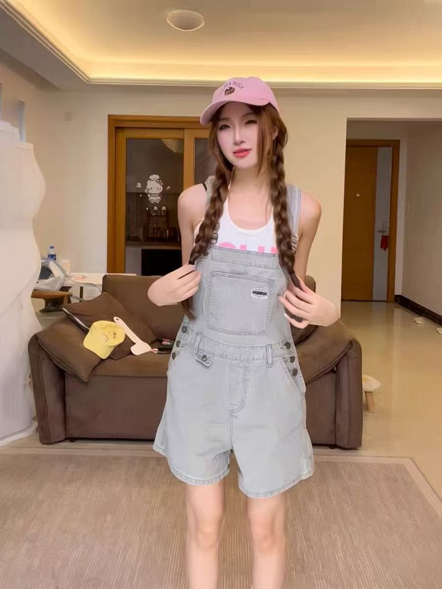 아메리칸 새로운 거리 작은 키 디자인 멜빵 바지 여성 레저 루즈핏 슬림해 보이는 워싱 빅 포켓 슬림해 보이는 반바지 이미지 5