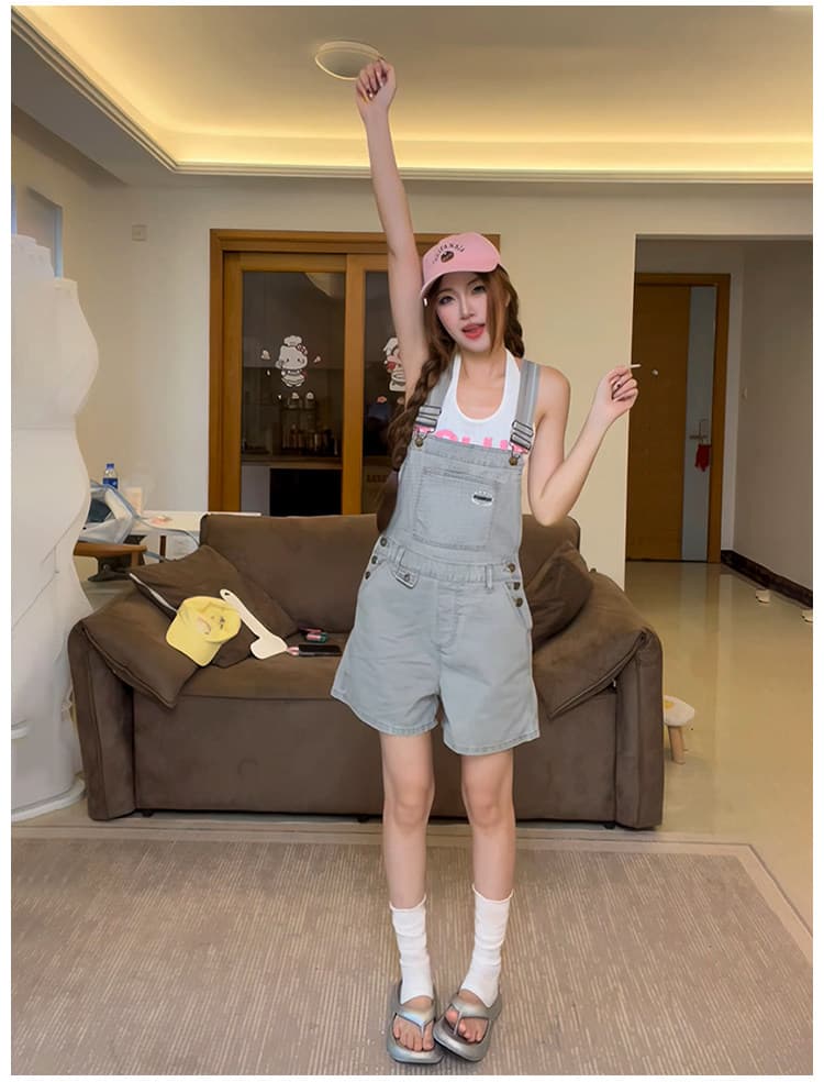 아메리칸 새로운 거리 작은 키 디자인 멜빵 바지 여성 레저 루즈핏 슬림해 보이는 워싱 빅 포켓 슬림해 보이는 반바지 상세 이미지 6