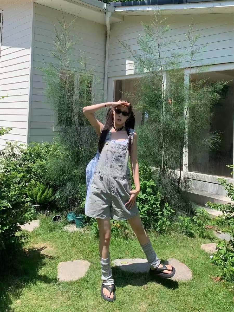 가연성 아메리칸 데님 멜빵 바지 여성 하이웨이스트 슬림해 보이는 작은 키 워크웨어 바람 올인원 반바지 여름 트렌디 이미지 4