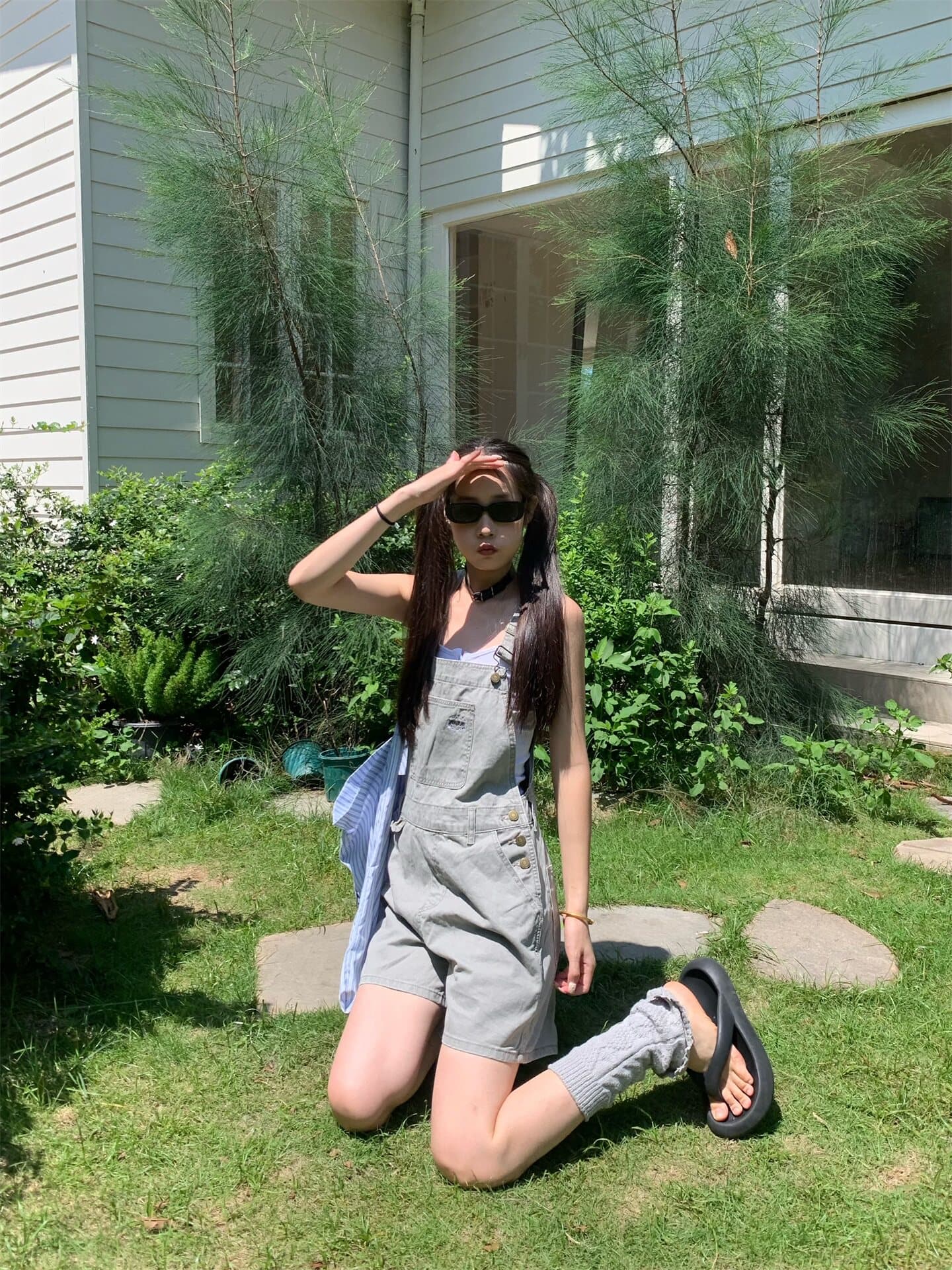 가연성 아메리칸 데님 멜빵 바지 여성 하이웨이스트 슬림해 보이는 작은 키 워크웨어 바람 올인원 반바지 여름 트렌디 상세 이미지 9