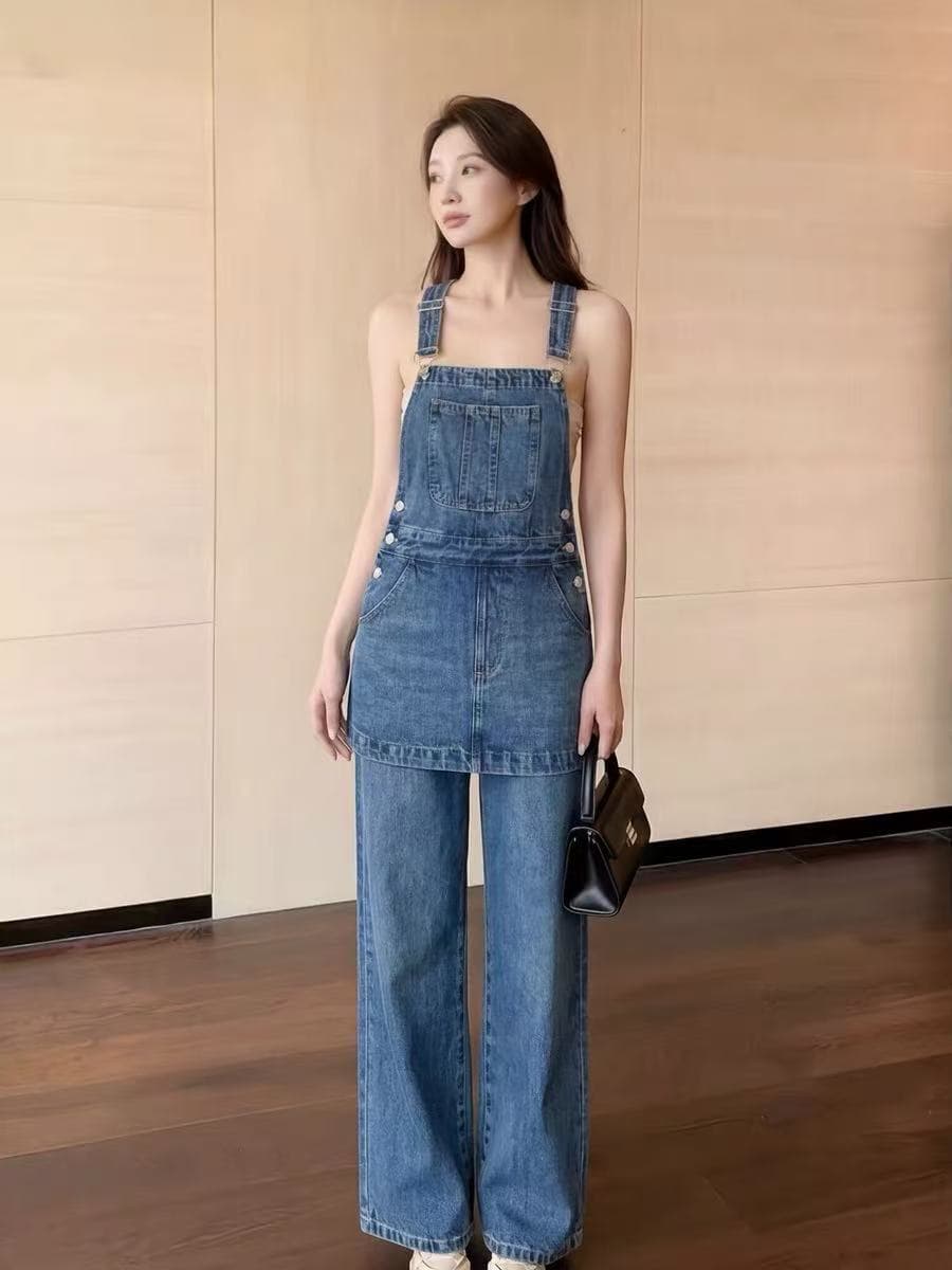 여름 루즈핏 캐주얼 작은 대중 패션 스트레이트 팬츠 빅 사이즈 2026 오리지널 디자인 센스 다용도 데님 멜빵 바지 여성 이미지 2