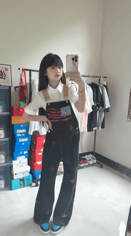 아메리칸 레트로 전체 인쇄 데님 멜빵 바지 여성 루즈핏 스트레이트 넓은 다리 바닥 청소 올인원 바지 이미지 4