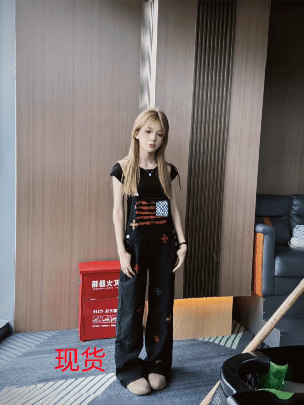 아메리칸 레트로 전체 인쇄 데님 멜빵 바지 여성 루즈핏 스트레이트 넓은 다리 바닥 청소 올인원 바지 이미지 2