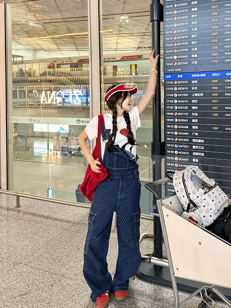 아메리칸 레트로 도트 무늬 워크웨어 멜빵 바지 남녀 봄 여름 루즈핏 캐주얼 높음 거리 스트레이트 넓은 다리 길이 바지 이미지 4