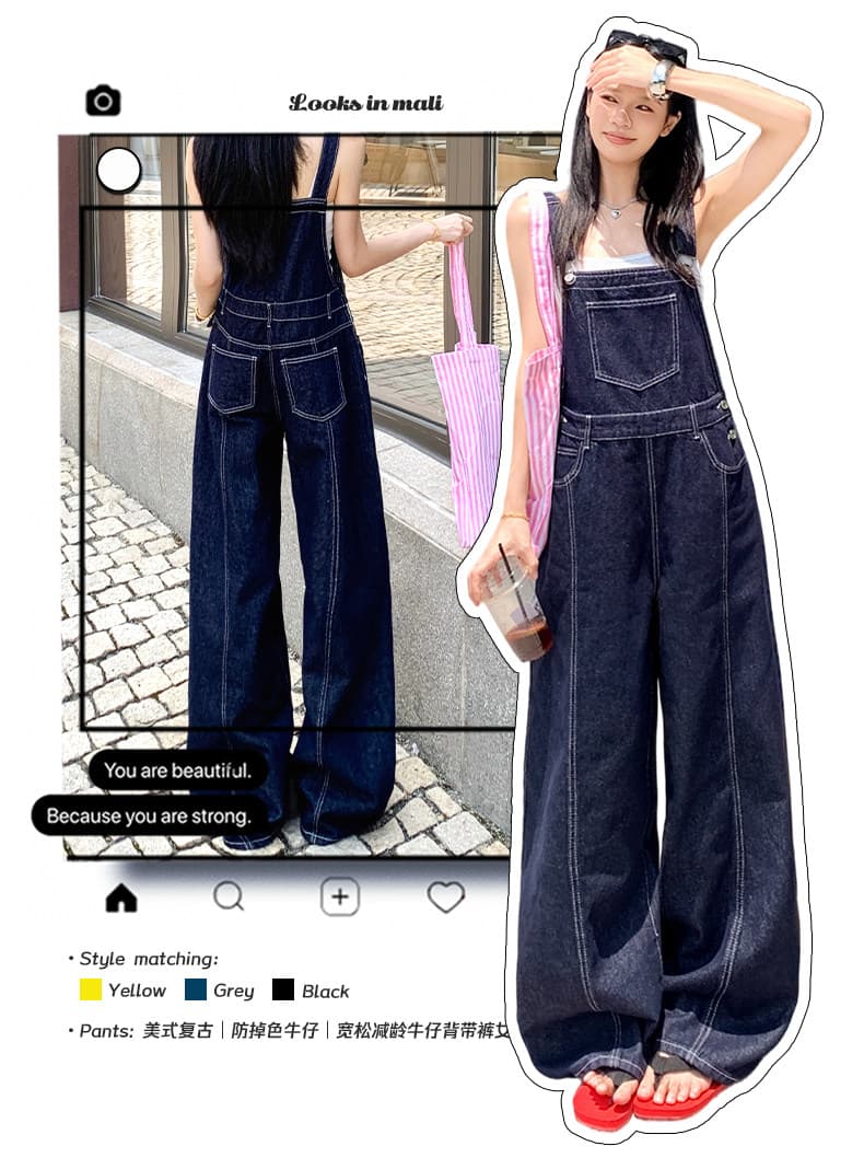 느긋한 바람 진한 파란색 데님 멜빵 바지 여성 여름 다용도 루즈핏 연령 감소 슬림해 보이는 넓은 다리 올인원 바지 바닥 청소 바지 상세 이미지 1