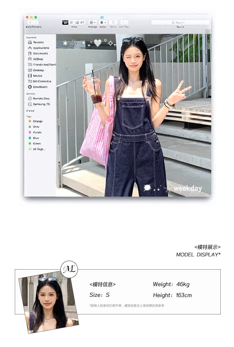느긋한 바람 진한 파란색 데님 멜빵 바지 여성 여름 다용도 루즈핏 연령 감소 슬림해 보이는 넓은 다리 올인원 바지 바닥 청소 바지 상세 이미지 5