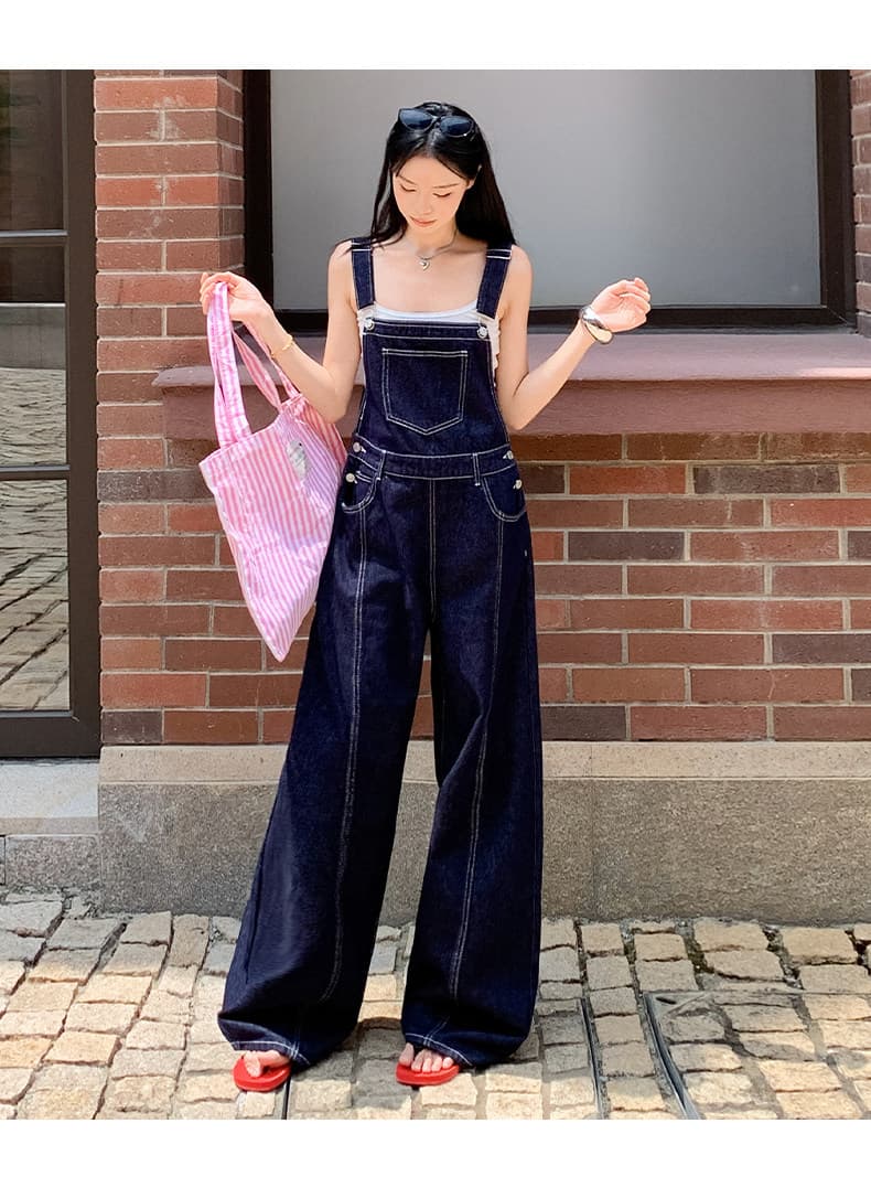 느긋한 바람 진한 파란색 데님 멜빵 바지 여성 여름 다용도 루즈핏 연령 감소 슬림해 보이는 넓은 다리 올인원 바지 바닥 청소 바지 상세 이미지 10