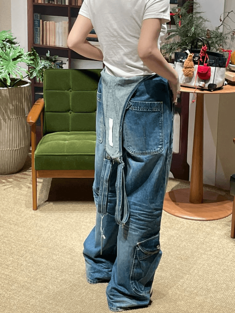 유럽 상품 레트로 워크웨어 주머니 데님 멜빵 바지 여성 2026 여름 새로운 작은 키 스트레이트 넓은 다리 올인원 바지 이미지 4