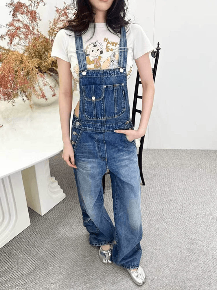 유럽 상품 워크웨어 주머니 넓은 다리 데님 멜빵 바지 여성 2026 여름 루즈핏 슬림해 보이는 연령 감소 다용도 스트레이트 올인원 바지 이미지 2