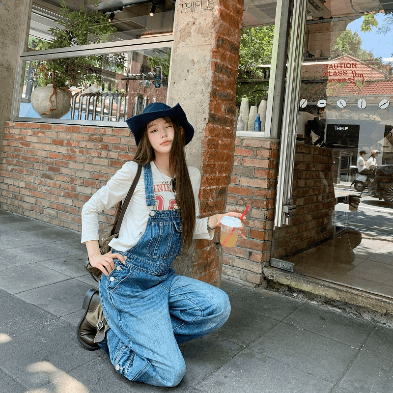 지구 Ouyang ins 보 주님 연령 감소 요령 사계절 웨어러블 레트로 워크웨어 청바지 넓은 다리 멜빵 바지 이미지 3