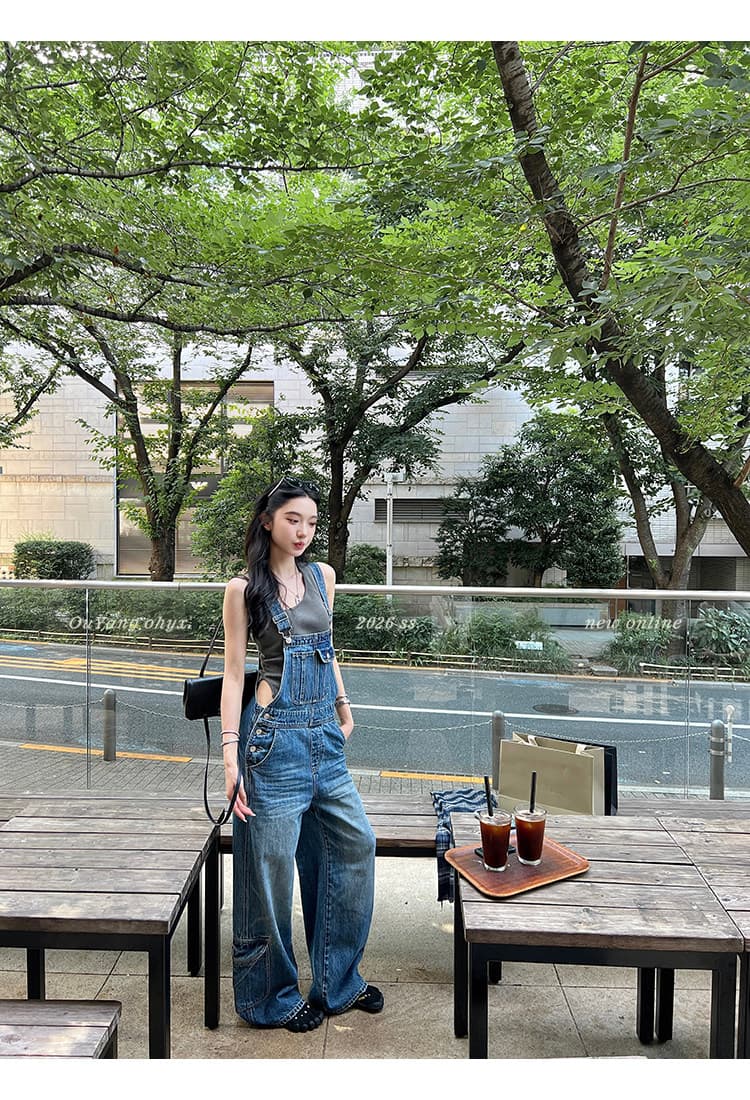 지구 Ouyang ins 보 주님 연령 감소 요령 사계절 웨어러블 레트로 워크웨어 청바지 넓은 다리 멜빵 바지 상세 이미지 11
