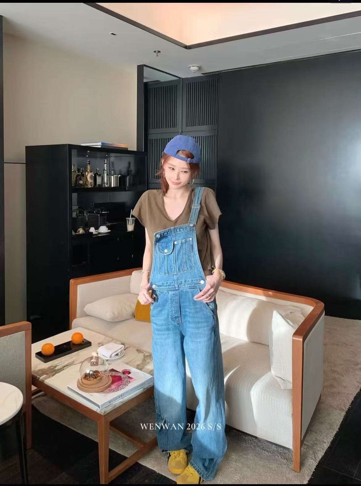 wenwan 사설 서비스 부서 멜빵 바지 디자이너 섹션 파란색 데님 멜빵 바지 캐주얼 연령 감소 올인원 바지 이미지 3