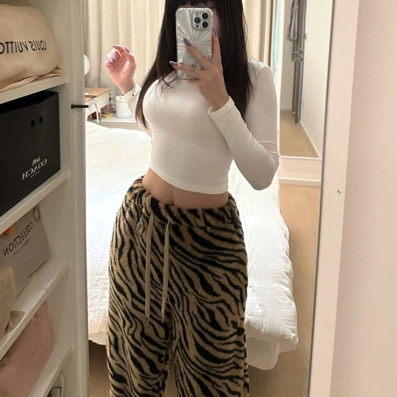 보온 두꺼운 가을과 겨울 아메리칸 느긋한 바람 호랑이 무늬 양털 플리스 스트레이트 루즈핏 홈 캐주얼 바지 상세 이미지 9