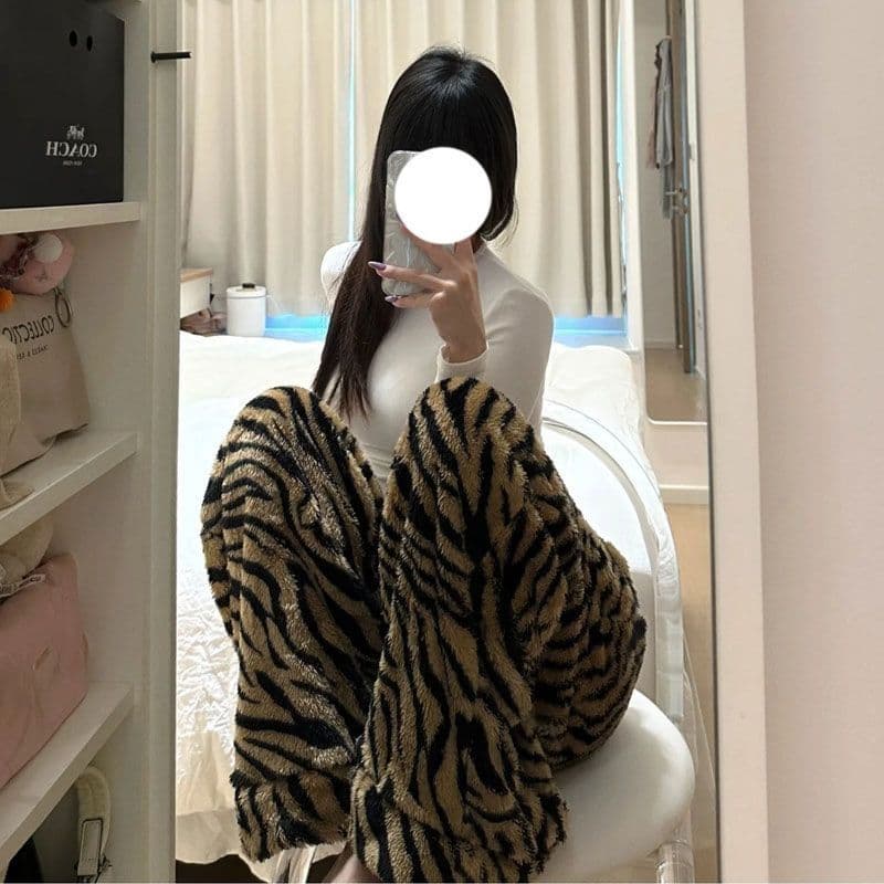 보온 두꺼운 가을과 겨울 아메리칸 느긋한 바람 호랑이 무늬 양털 플리스 스트레이트 루즈핏 홈 캐주얼 바지 상세 이미지 11