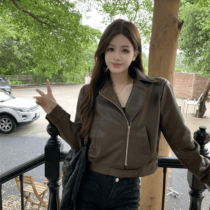 쇼트 스타일 가죽 재킷 여성 코트 봄 가을 패션 슬림해 보이는 가죽 재킷 품격 폴로 칼라 작은 키 PU 가죽 슬림해 보이는 다용도 재킷