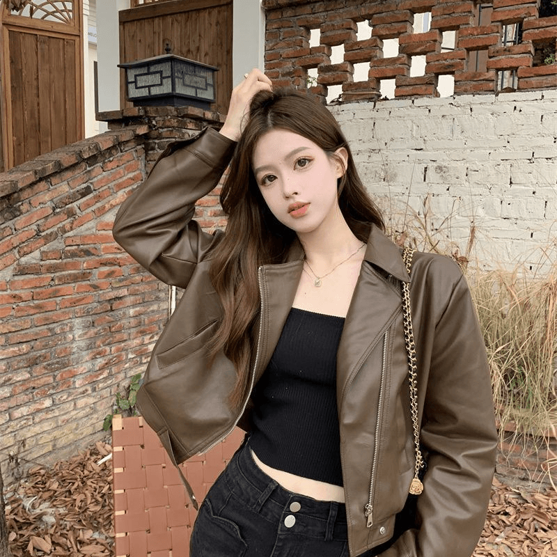쇼트 스타일 가죽 재킷 여성 코트 봄 가을 패션 슬림해 보이는 가죽 재킷 품격 폴로 칼라 작은 키 PU 가죽 슬림해 보이는 다용도 재킷 이미지 2
