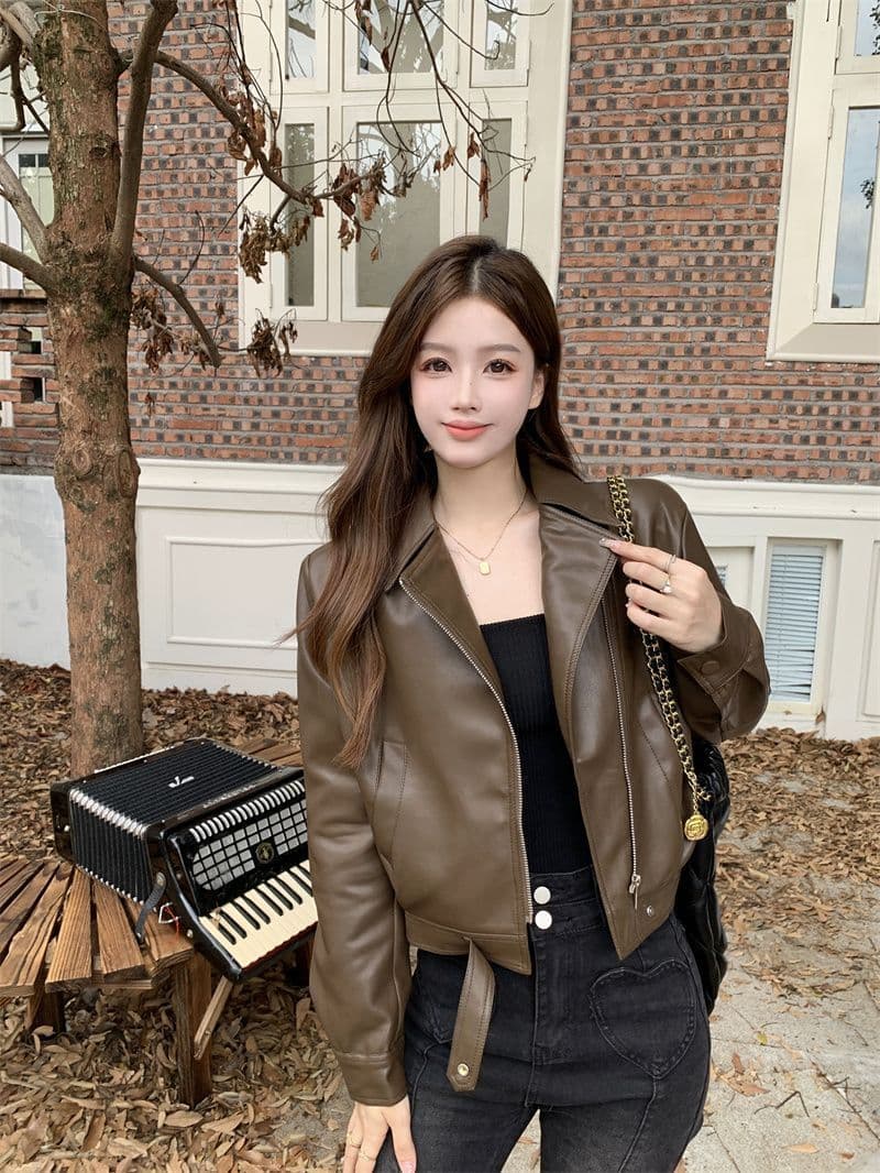 쇼트 스타일 가죽 재킷 여성 코트 봄 가을 패션 슬림해 보이는 가죽 재킷 품격 폴로 칼라 작은 키 PU 가죽 슬림해 보이는 다용도 재킷 상세 이미지 1