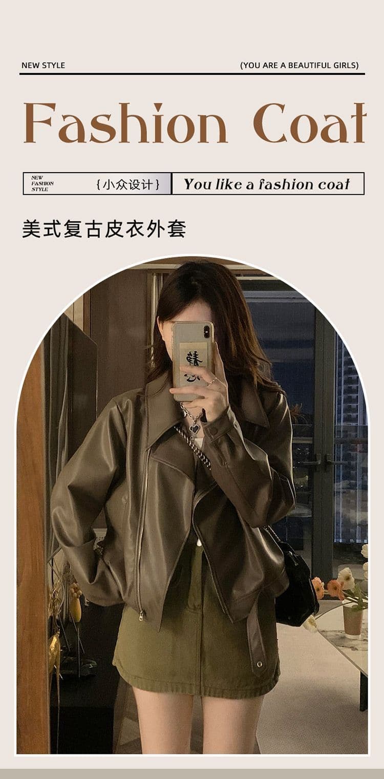 쇼트 스타일 가죽 재킷 여성 코트 봄 가을 패션 슬림해 보이는 가죽 재킷 품격 폴로 칼라 작은 키 PU 가죽 슬림해 보이는 다용도 재킷 상세 이미지 3