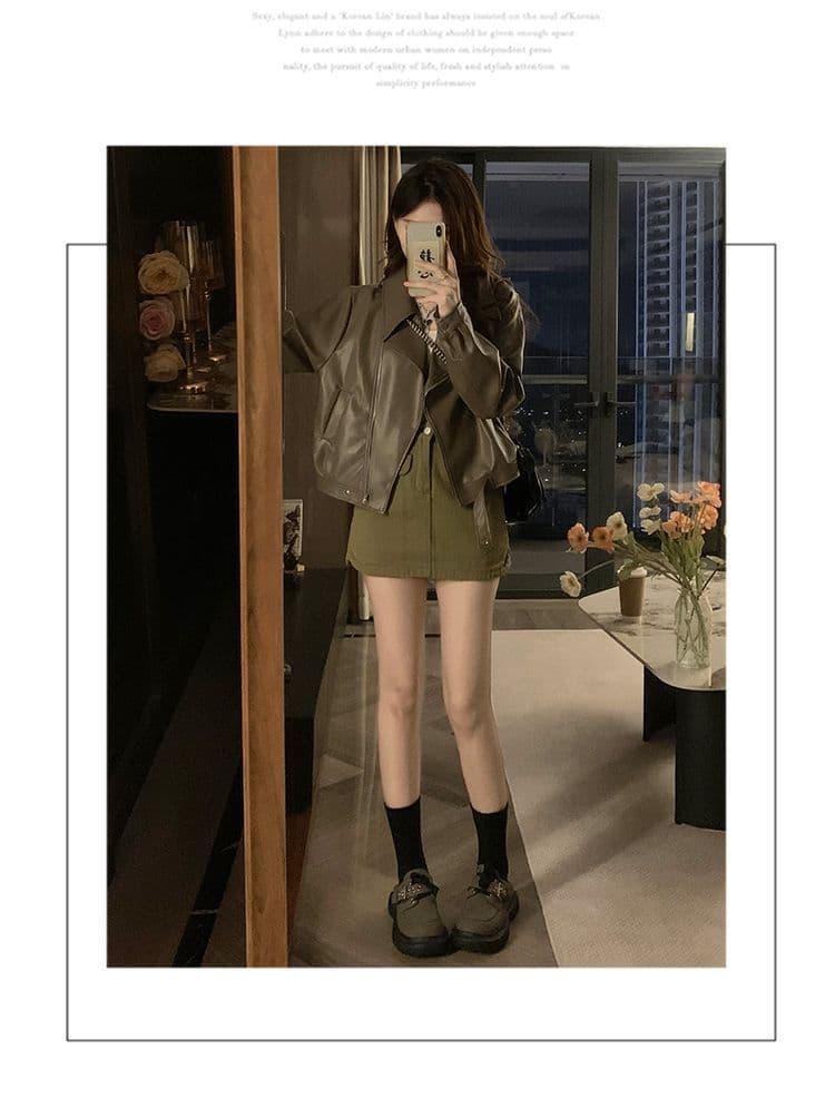 쇼트 스타일 가죽 재킷 여성 코트 봄 가을 패션 슬림해 보이는 가죽 재킷 품격 폴로 칼라 작은 키 PU 가죽 슬림해 보이는 다용도 재킷 상세 이미지 19
