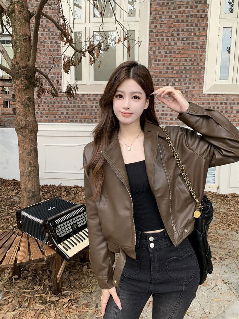 쇼트 스타일 가죽 재킷 여성 코트 봄 가을 패션 슬림해 보이는 가죽 재킷 품격 폴로 칼라 작은 키 PU 가죽 슬림해 보이는 다용도 재킷 상세 이미지 29