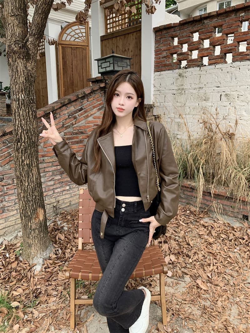 쇼트 스타일 가죽 재킷 여성 코트 봄 가을 패션 슬림해 보이는 가죽 재킷 품격 폴로 칼라 작은 키 PU 가죽 슬림해 보이는 다용도 재킷 상세 이미지 32