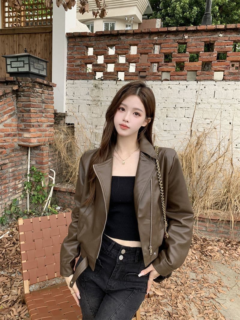 쇼트 스타일 가죽 재킷 여성 코트 봄 가을 패션 슬림해 보이는 가죽 재킷 품격 폴로 칼라 작은 키 PU 가죽 슬림해 보이는 다용도 재킷 상세 이미지 33