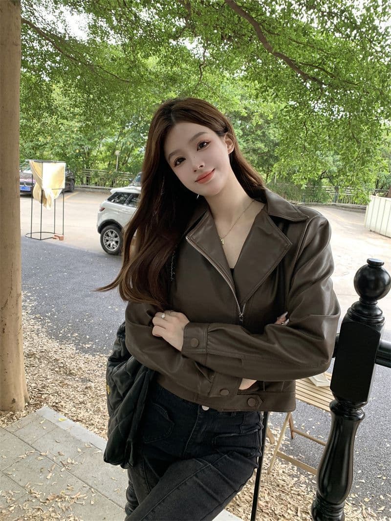 쇼트 스타일 가죽 재킷 여성 코트 봄 가을 패션 슬림해 보이는 가죽 재킷 품격 폴로 칼라 작은 키 PU 가죽 슬림해 보이는 다용도 재킷 상세 이미지 34
