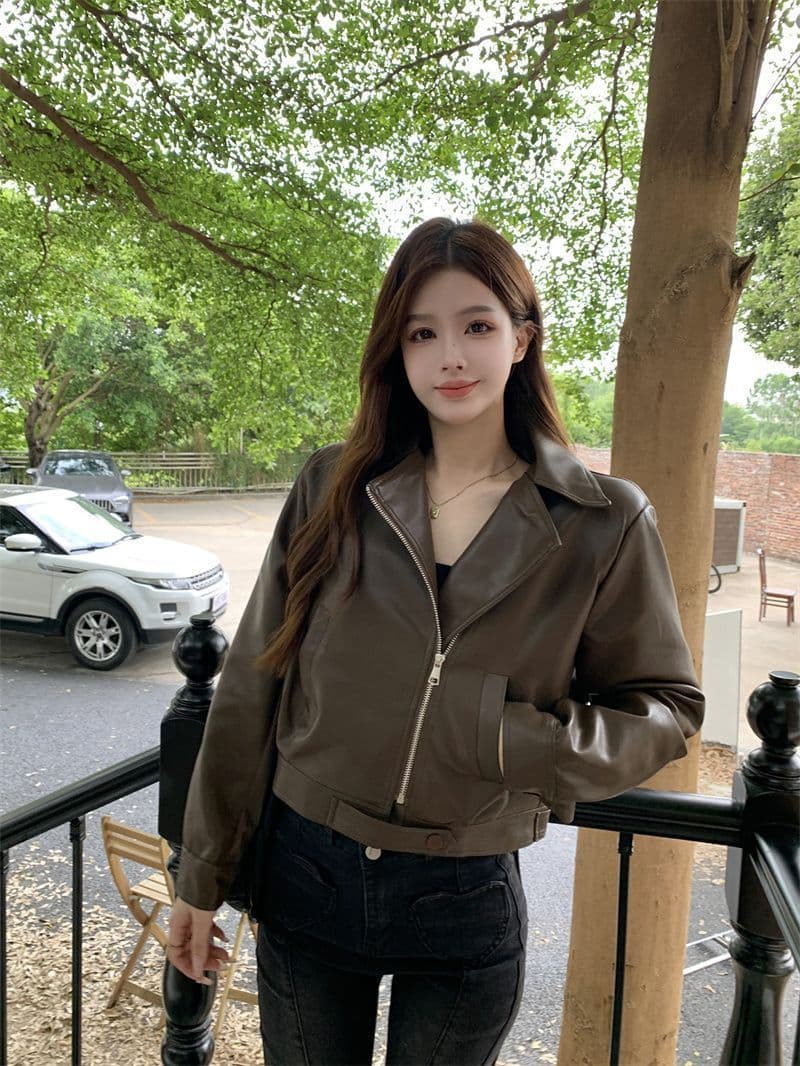 쇼트 스타일 가죽 재킷 여성 코트 봄 가을 패션 슬림해 보이는 가죽 재킷 품격 폴로 칼라 작은 키 PU 가죽 슬림해 보이는 다용도 재킷 상세 이미지 35